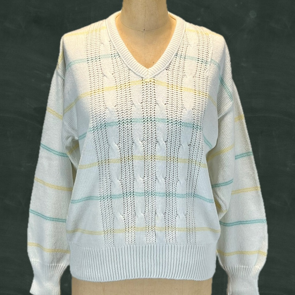 VINTAGE 80s tennis golf sporty knit sweater women’s pastel stripe v neck cotton‎